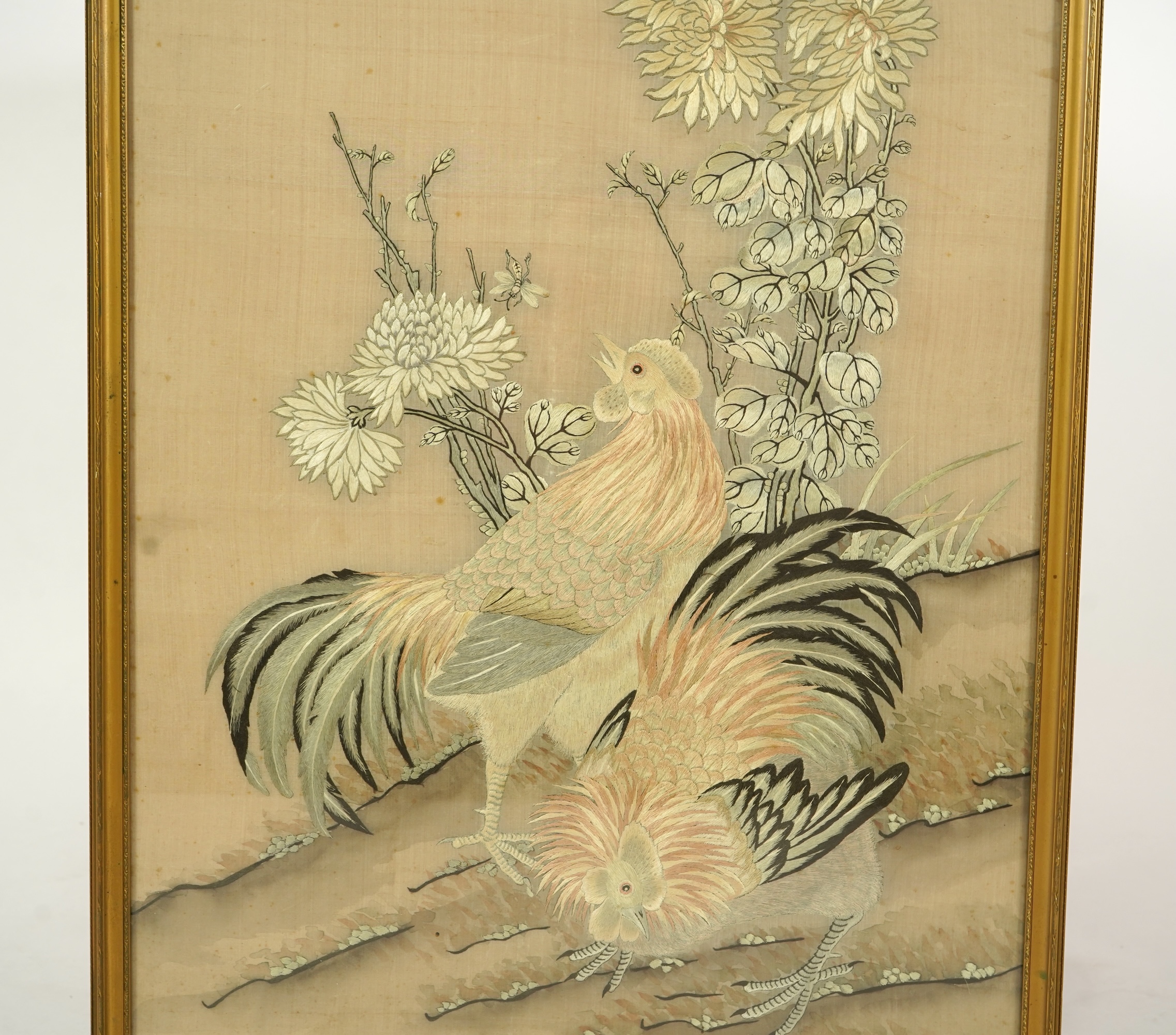 A Chinese embroidered silk 'chicken' panel, late 19th century